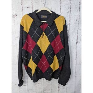 Brooks Brothers Sweater XL 100% LambsWool Long Sleeve Polo Gray Yellow Red Argyl